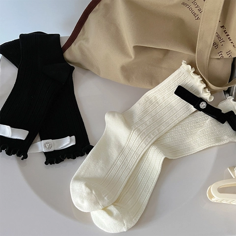 Women Cotton Blend Mid Calf Socks Sweet Ribbon Bow Rhinestone Artificial Pearl Ruffle Lettuce Edge Ribbed Knit JK Style