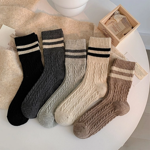 Damen Wollmischung Crew Socken Zopfmuster Dick Warm Winter Thermisch Doppelstreifen Preppy Stil