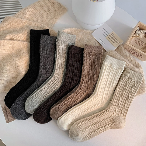 Women Slouch Socks Thick Warm Cotton Blend Cable Knit Mid-Calf Solid Color Japanese Style Winter