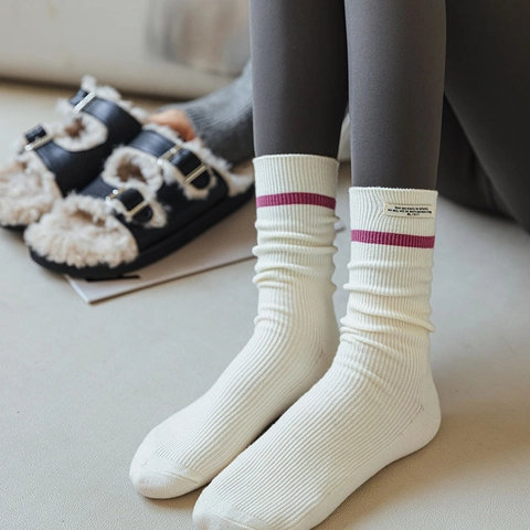 Women Mid Calf Socks Wool Blend Ribbed Knit Japanese Style Striped Cuff Decorative Label Warm Winter Accessory