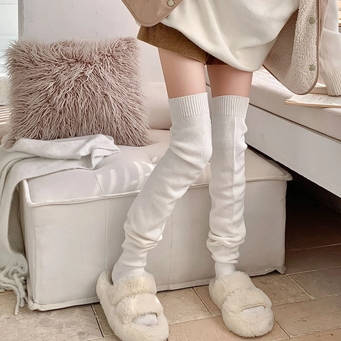 Women Over The Knee Slouch Socks Knitted Cotton Blend Ribbed Thick Warm Winter Boot Leg Warmers Japanese Style Solid Color