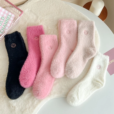 Women House Socks Faux Mink Fur Thickened Warm Winter Sleeping Mid Calf Smiley Embroidery Solid Color