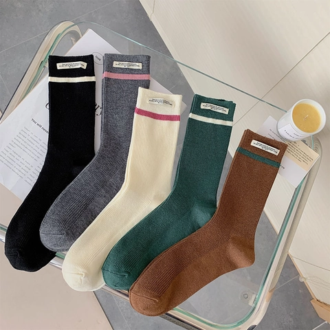 Women Mid Calf Socks Wool Blend Ribbed Knit Japanese Style Striped Cuff Decorative Label Warm Winter Accessory