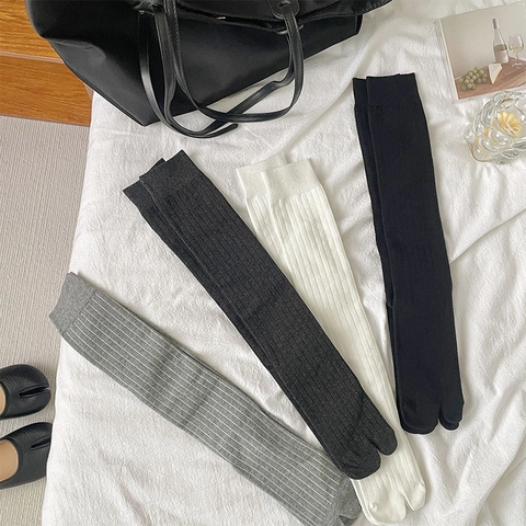 Calcetines Tabi Mujer Punta Dividida Algodón Acanalado Rodilla Alto Color Sólido Rayas Estilo Japonés Transpirable