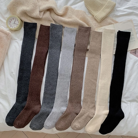 Chaussettes Au Dessus Du Genou Femmes Laine Mélangée Tricot Côtelé Épaissi Chaud Bas Hauts De Cuisse Style JK Japonais Uni