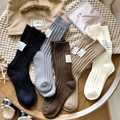 Calze Crew Da Donna Misto Cotone Maglia A Coste Patch Retro Stile Slouch Autunno Inverno Caldo Casual