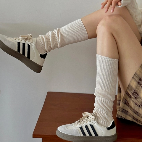 Women Slouch Socks Knitted Ribbed Cotton Blend Knee High Stacked Socks Autumn Winter Solid Color Japanese JK Style