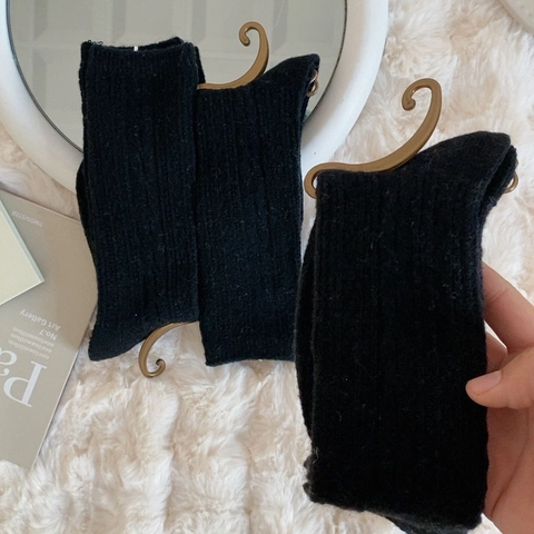 Women Crew Socks Ribbed Cotton Blend Solid Color Japanese Style Mid Calf Socks Breathable Elastic Autumn Winter