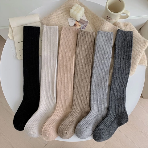 Calcetines De Lana Para Mujer Punto Acanalado Media Pierna Gruesos Cálidos Largos Color Sólido Estilo Japonés Minimalista