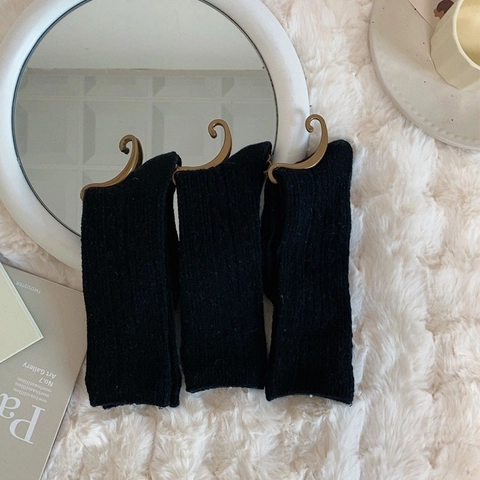 Women Crew Socks Ribbed Cotton Blend Solid Color Japanese Style Mid Calf Socks Breathable Elastic Autumn Winter