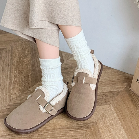 Women Slouch Socks Thick Warm Cotton Blend Cable Knit Mid-Calf Solid Color Japanese Style Winter