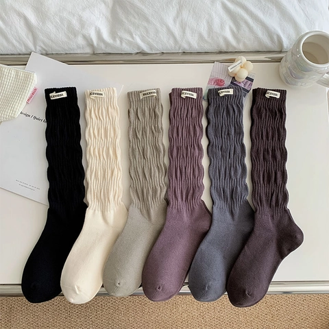 Women's Slouch Socks Cotton Blend Ribbed Pleated Bubble Texture Mid Calf Japanese Preppy Style Retro Solid Color