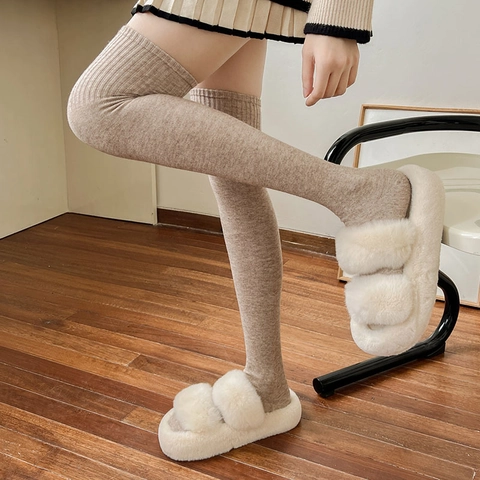 Women Over The Knee Socks Thick Warm Winter Cotton Blend Ribbed Anti Slip Solid Color Versatile Thigh High Long Socks