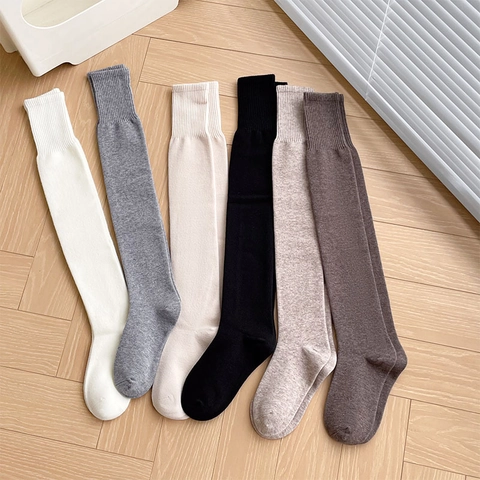Women Over The Knee Socks Thick Warm Winter Cotton Blend Ribbed Anti Slip Solid Color Versatile Thigh High Long Socks