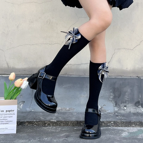 Calcetines Altos Hasta La Rodilla De Uniforme JK Japonés Dulce Algodón Encaje Lazo Con Perla Artificial Calcetines Finos Para Mujeres
