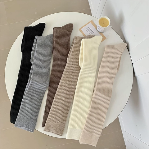 Calcetines Por Encima De La Rodilla Punto Canalé Mezcla Algodón Gruesos Cálidos Estilo Escolar Japonés Color Sólido Medias Versátil