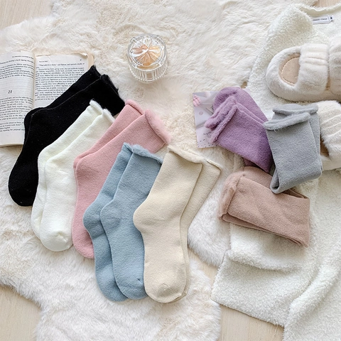 Women Winter Warm Socks Thickened Fleece Lined Thermal Sleeping Floor Socks Solid Color Ribbed Knit Plush Home Indoor