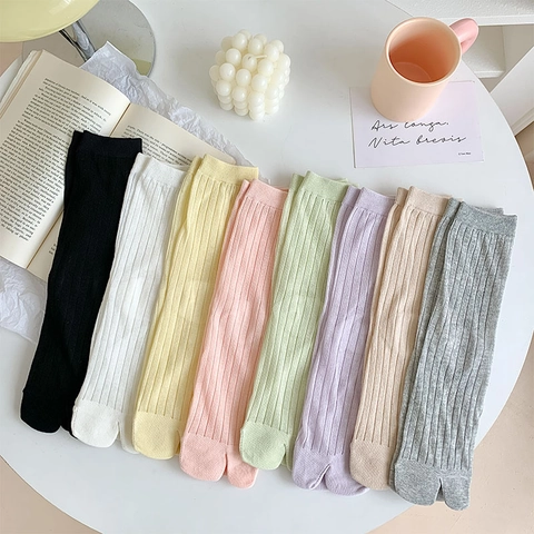 Calcetines Tabi De Algodón Para Mujer Transpirables De Punto Acanalado Media Pantorrilla Estilo Japonés Color Sólido