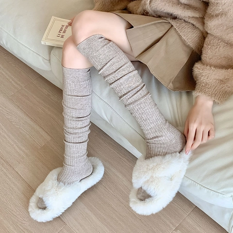 Over The Knee Socks Ribbed Knit Cotton Blend Thick Warm Japanese School Style Solid Color Thigh High Stockings For Women Versatile
