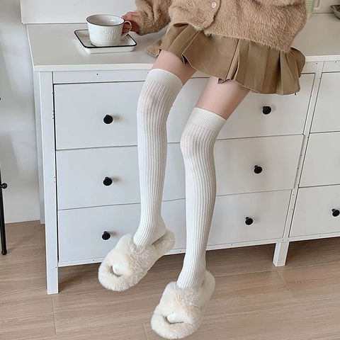 Over The Knee Socks Ribbed Knit Cotton Blend Thick Warm Japanese School Style Solid Color Thigh High Stockings For Women Versatile