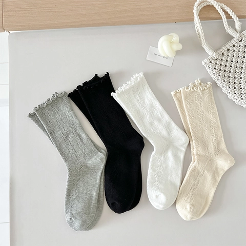 Women Fashion Crew Socks Cotton Hollow Out Pointelle Knit Ruffle Trim Sweet Japanese JK Style Solid Color Breathable