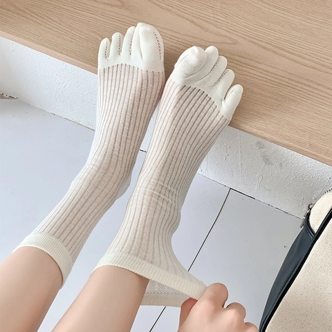Women Five Finger Socks Cotton Ribbed Mid Calf Toe Socks Breathable Solid Color Sweet Japanese Style