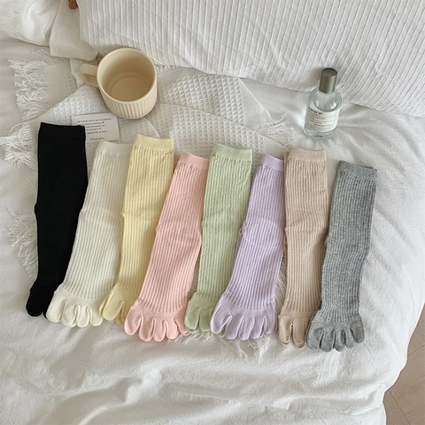 Women Five Finger Socks Cotton Ribbed Mid Calf Toe Socks Breathable Solid Color Sweet Japanese Style