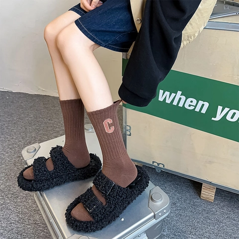 Women Mid-Calf Socks Ribbed Cotton Blend Varsity Style Letter C Embroidery Elastic Athletic Casual Crew Hosiery