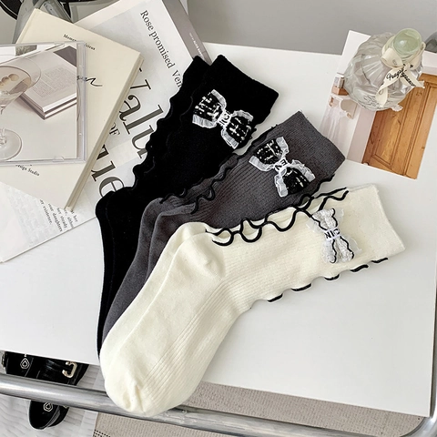 Damen Crew Socken Baumwolle Gerippt Rüschenkante Süße Schleife Blumen Deko Wadenlang Japanisch JK Stil Strumpfwaren Täglich