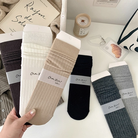 Calcetines Amontonados Mujer Algodón Rayas Verticales Canalé Color Sólido Punto Estilo Japonés Casual Suave