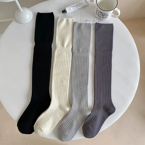 Over The Knee Socks Women Cotton Ribbed Knit Vertical Striped Solid Color Slimming Japanese Preppy Style Thigh High