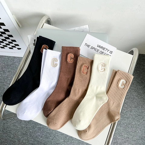 Women Mid-Calf Socks Ribbed Cotton Blend Varsity Style Letter C Embroidery Elastic Athletic Casual Crew Hosiery