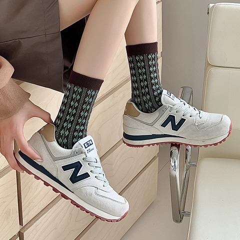Calze Metà Polpaccio Donna Misto Cotone Retro Quadri Righe Maglia Costine Streetwear Casual Vintage Marrone Verde