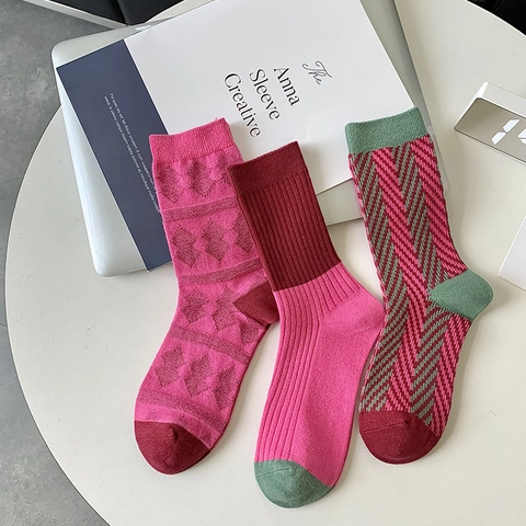 Damen Socken Baumwollmischung Mid Calf Crew Retro Rauten Gestreift Color Block Rippenstrick Slouch Mode Vintage