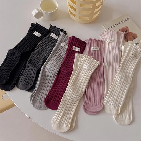 Chaussettes Femme Style Japonais Coton Nervuré Bordure Laitue Volants Doux Couleur Unie Mi-Mollet Avec Étiquette Tissu