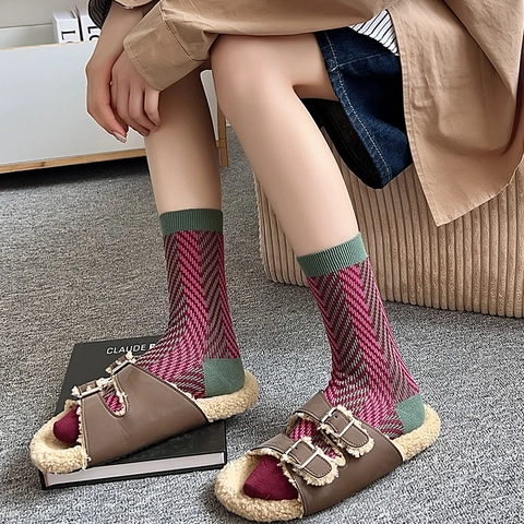 Damen Socken Baumwollmischung Mid Calf Crew Retro Rauten Gestreift Color Block Rippenstrick Slouch Mode Vintage