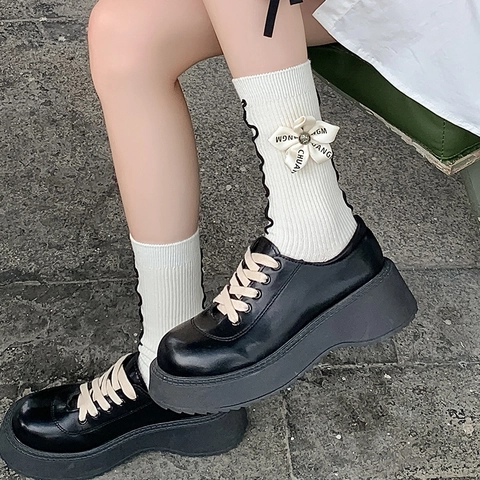 Women Crew Socks Cotton Blend Ribbed Knit Japanese Jk Style Sweet Lettuce Edge Fabric Flower Bow Retro Decor