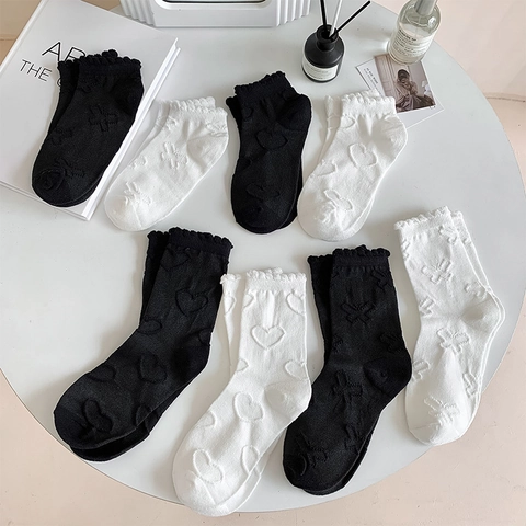 Women Cotton Blend Socks Heart Butterfly Jacquard Lettuce Edge Ruffle Lolita Japanese Style Crew Ankle