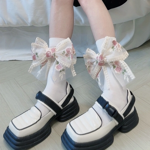 Lolita Crew Socken Mit Großer Spitzenschleife Rosenstickerei Baumwolle Süß Japanischer Stil Retro Girly Mode Für Frauen