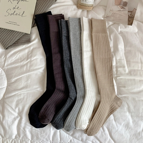 Calcetines Altos Pantorrilla Mujer Algodón Punto Canalé Color Sólido Estilo Preppy Japonés JK Otoño Invierno