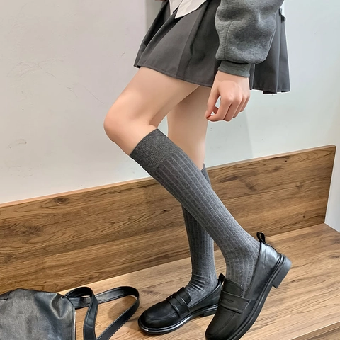 Calcetines Altos Pantorrilla Mujer Algodón Punto Canalé Color Sólido Estilo Preppy Japonés JK Otoño Invierno