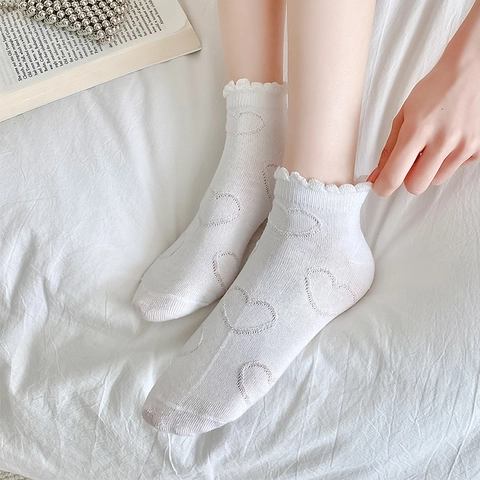 Women Cotton Blend Socks Heart Butterfly Jacquard Lettuce Edge Ruffle Lolita Japanese Style Crew Ankle