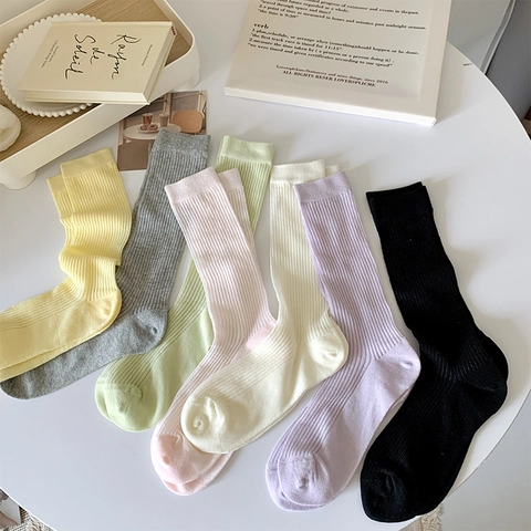 Women Slouch Socks Cotton Blend Ribbed Knit Vertical Stripes Breathable Japanese Style Sweet Simple Mid Calf Hosiery