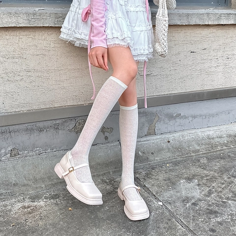 Calcetines De Pantorrilla Acanalados Para Mujer Mezcla De Algodón Transpirable Fino Color Sólido Estilo JK Japonés Simple