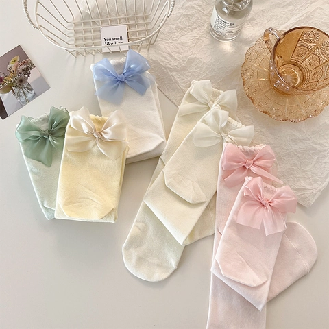 Süße Japanische Damen Socken Baumwolle Crew Socken Mit Großer Organza Schleife Rüschenrand JK Prinzessin Mode