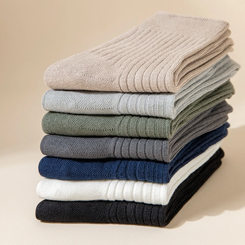 Calze Crew Da Uomo In Misto Cotone A Costine Traspiranti Assorbenti Sudore Tinta Unita Casual Business Sottili Versatili
