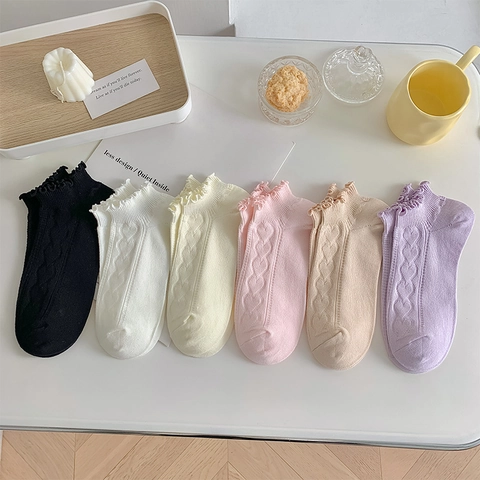 Chaussettes Courtes Femme Coton Bordure Volantée Motif Cœur Doux Respirant Décontracté Confortable Pour Filles