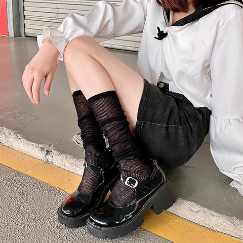 Calcetines De Pantorrilla Acanalados Para Mujer Mezcla De Algodón Transpirable Fino Color Sólido Estilo JK Japonés Simple