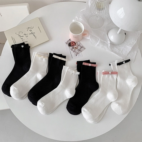 Damen Crew Socken Baumwolle Mesh Atmungsaktiv Schleife Herz Künstliche Perle Süß Lolita JK Stil Hochelastisch Weiche Strümpfe