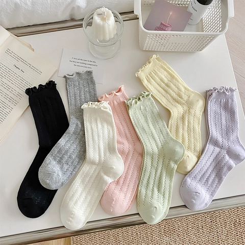 Women Mid-Calf Socks Ruffle Trim Pointelle Hollow Out Cotton Breathable Sweet Mesh Korean Style Summer Solid Fashion